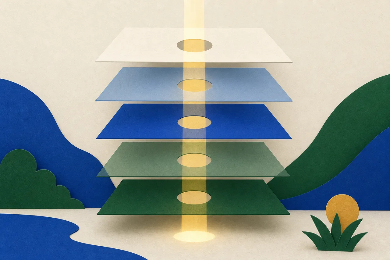 Ilustração: várias camadas de papel translúcido empilhadas, cada uma com uma abertura recortada, alinhadas de modo que um feixe de luz atravessa todas de cima a baixo sem ser bloqueado em nenhuma.