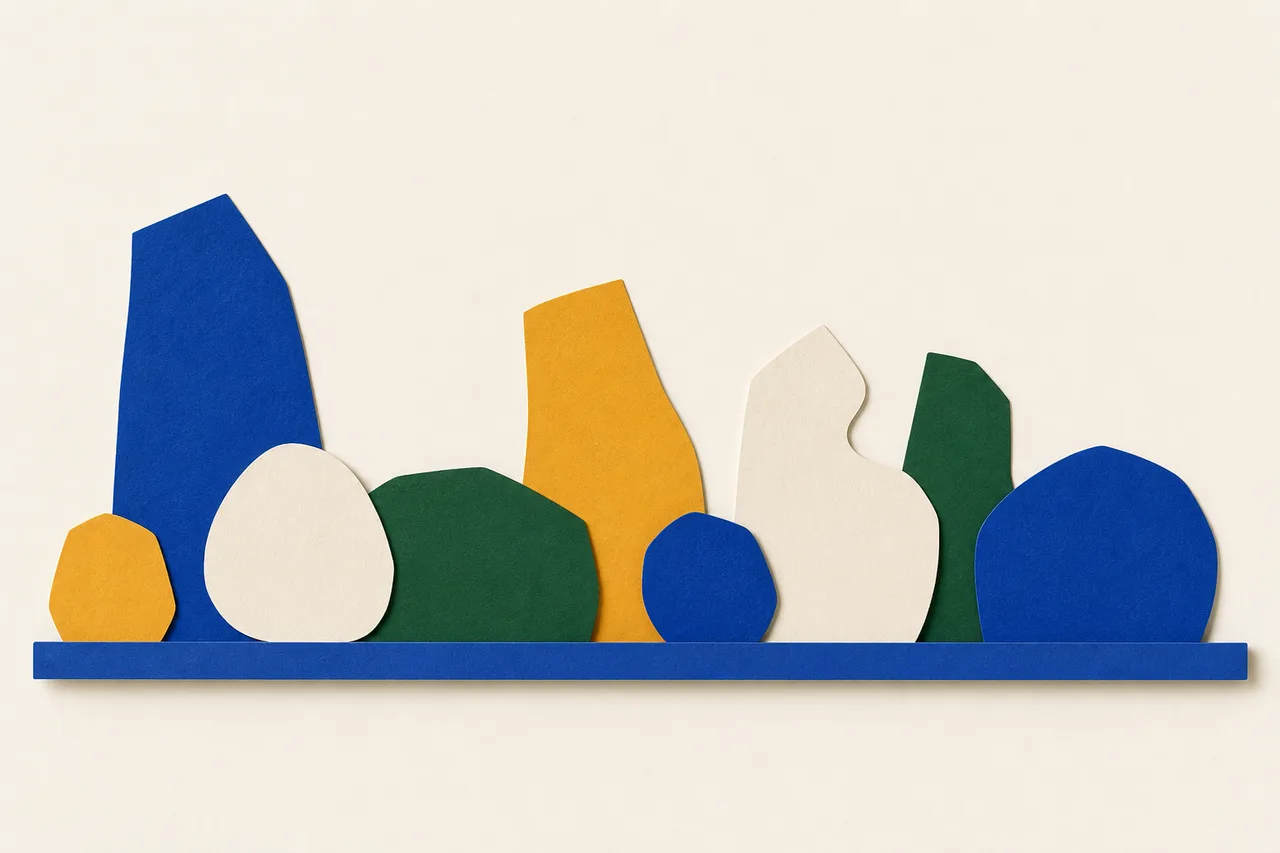 Ilustração: uma prateleira perfeitamente reta sustentando uma fileira de formas recortadas em papel, de tamanhos e contornos visivelmente diferentes, nenhuma aparada ou alinhada para combinar com as outras.
