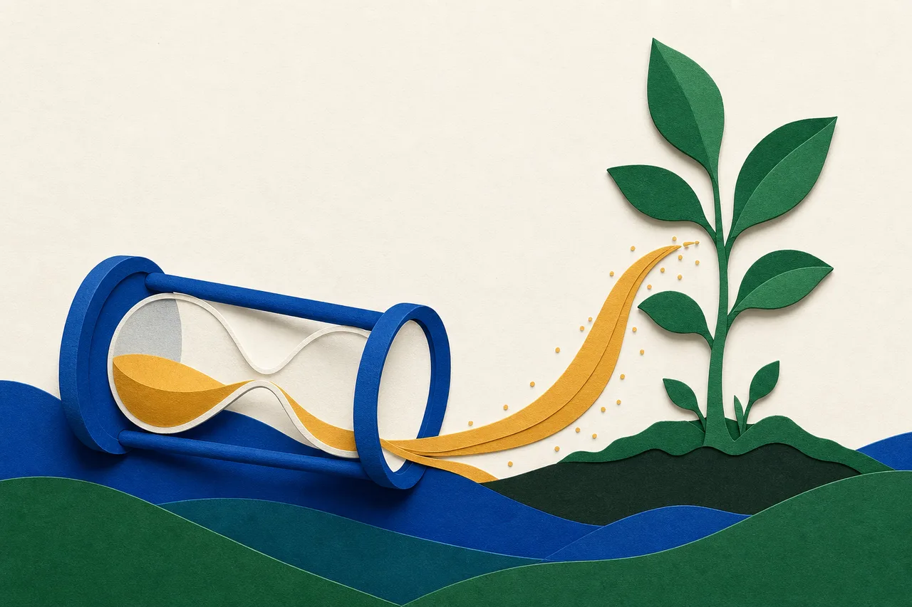 Ilustração: uma ampulheta deitada cuja areia, em vez de se acumular dentro do vidro, escapa pela ponta aberta em uma faixa curva e vai regar uma muda verde plantada ao lado, mais alta que a própria ampulheta.