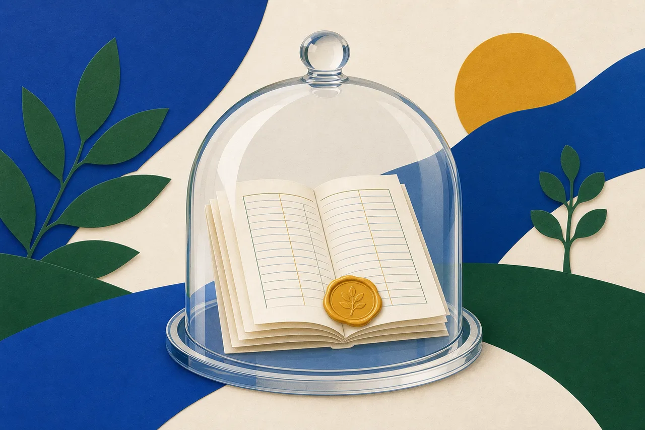 Ilustração: uma cúpula de vidro transparente sobre uma pequena pilha de páginas de livro-caixa abertas e um selo de lacre redondo, com luz atravessando o vidro sem sombra escondendo o que está debaixo.