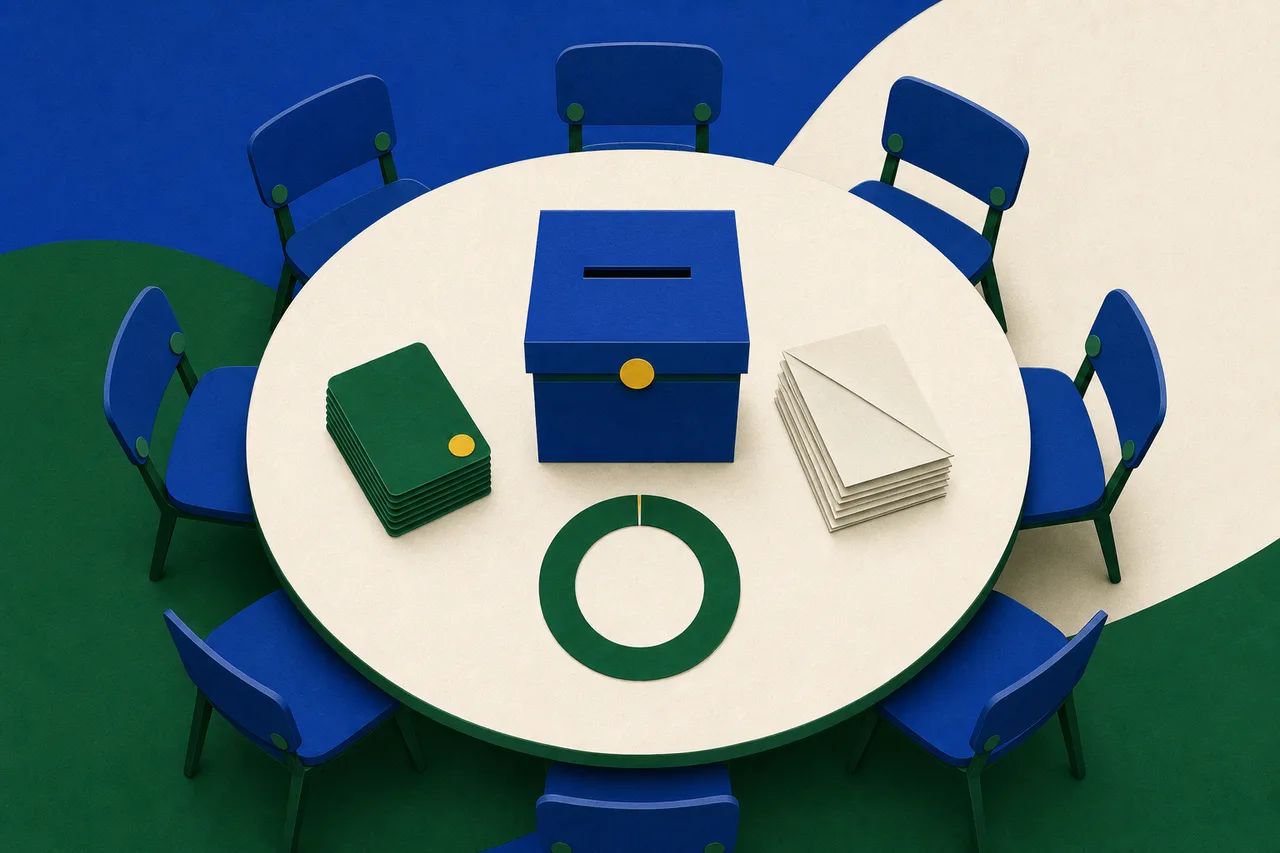 Ilustração: uma mesa redonda vista de cima, com uma urna ao centro, um maço de carteirinhas, uma pilha de papéis dobrados e um anel com o arco quase inteiro preenchido; as cadeiras em volta, vazias.