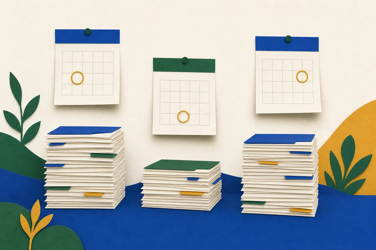 Ilustração: três pilhas de documentos de alturas desiguais, cada uma com uma folha de calendário diferente acima, e as folhas apontando para datas que não coincidem.
