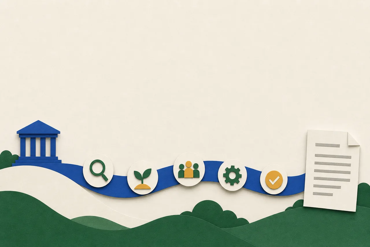 Ilustração: uma fita curva funciona como linha do tempo, com cinco marcos redondos, e termina numa folha de relatório em ordem. Na ponta esquerda, um pequeno bloco de colunas sobre uma base.