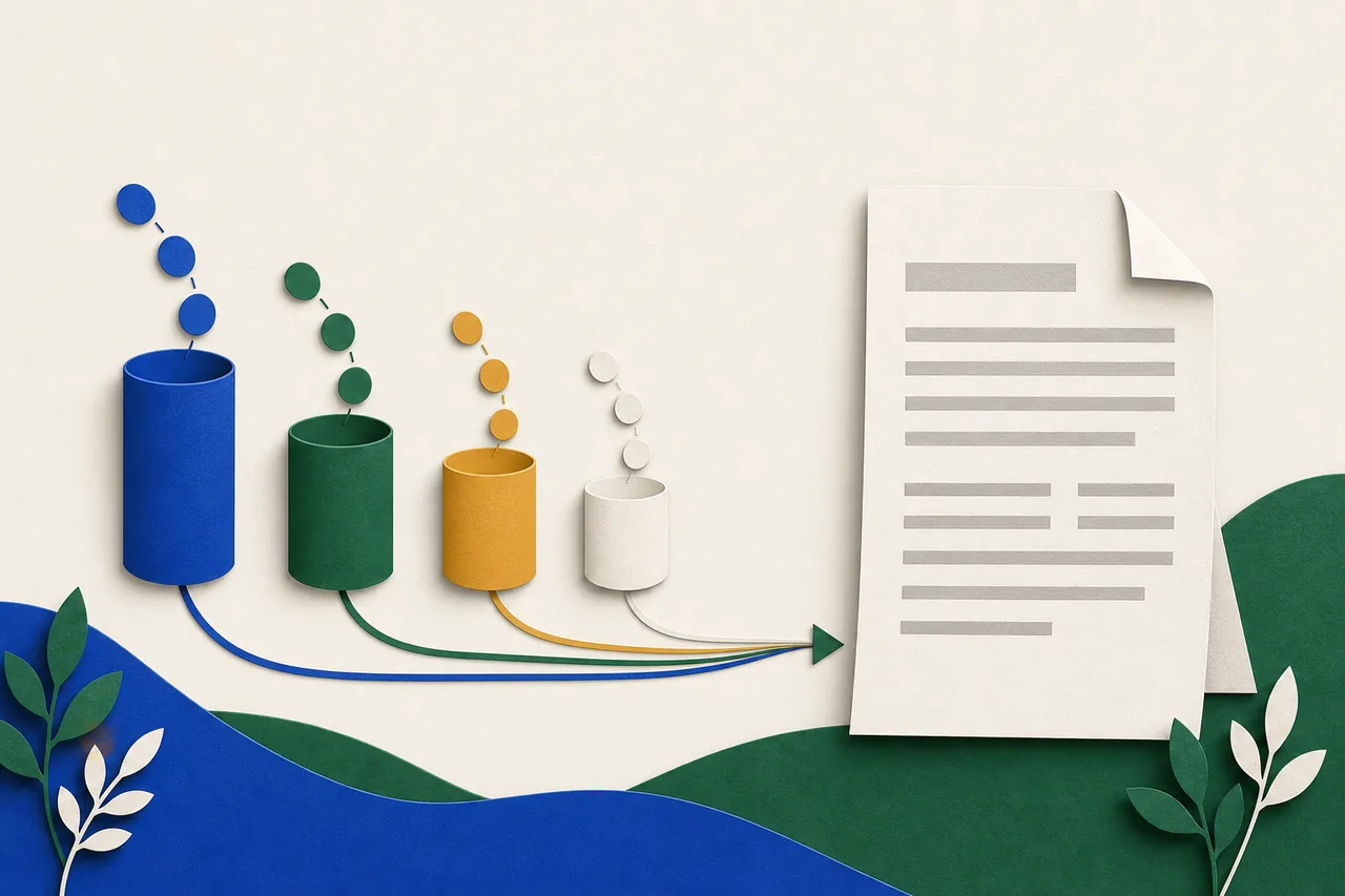 Ilustração: quatro recipientes de cores e alturas diferentes recebem moedas por trajetos curvos e, deles, linhas convergem para uma única folha de relatório, à direita.