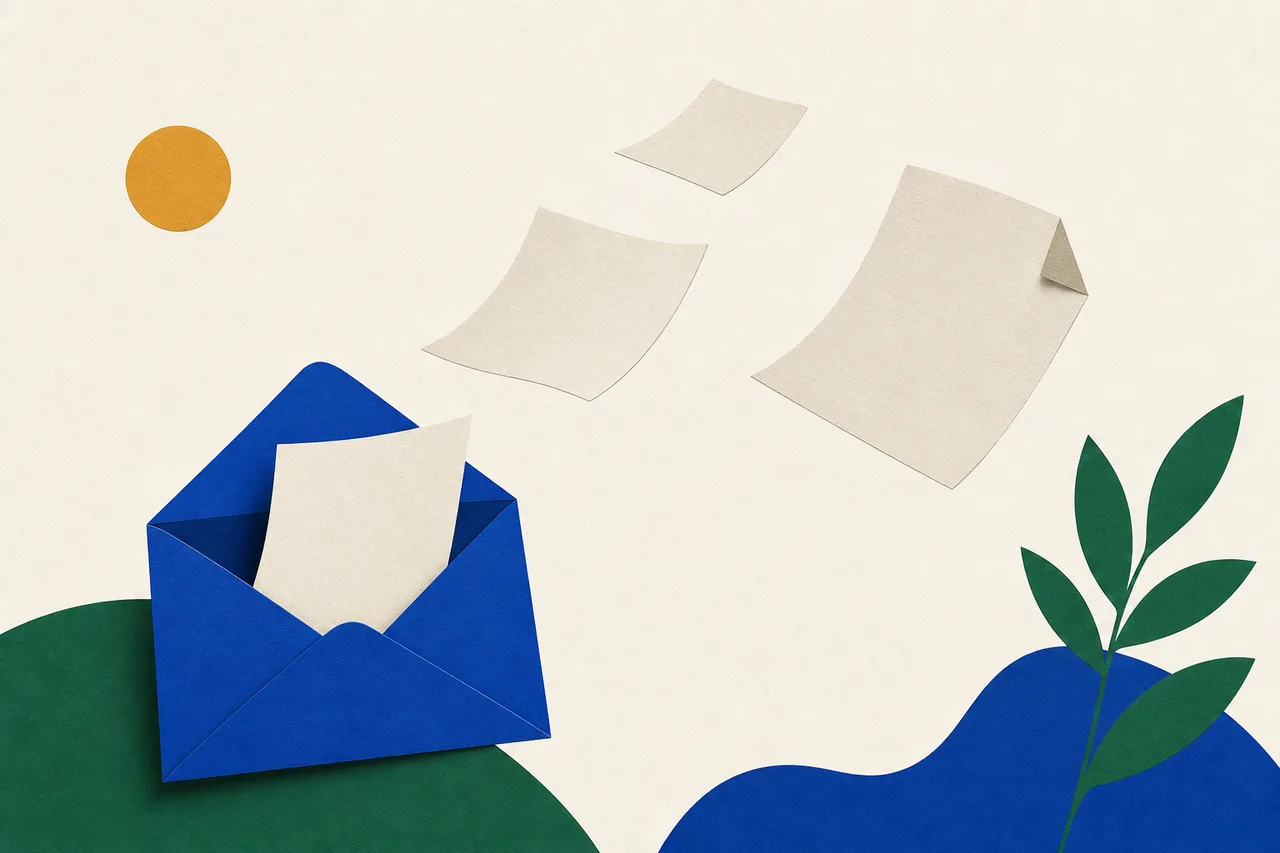 Ilustração: documentos escapam de um envelope aberto e se dispersam no espaço vazio, um deles com a ponta dobrada e sem marcador.