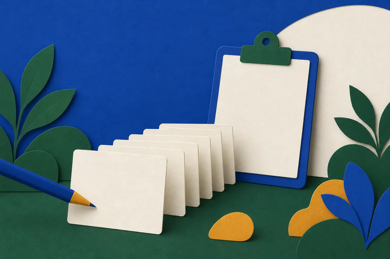Ilustração: uma fila de cartões em branco espera diante de uma prancheta, e uma caneta sozinha aponta para o primeiro deles.